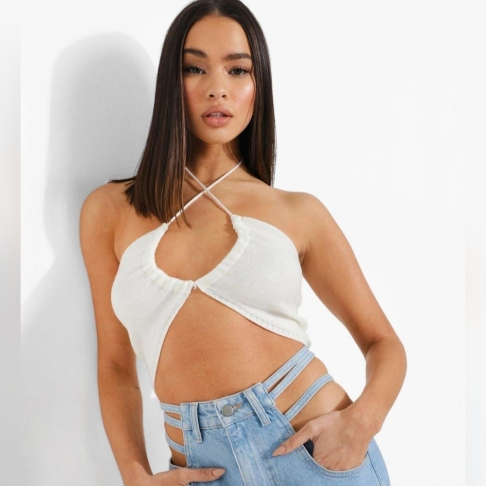 NWT Nasty Gal Cream Ruched Knitted Halterneck Bralette Sz 8